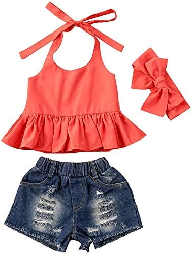 Облека за тексас на бебе девојче Детем постави избришани врвови на ремени култури+ тексас кратки панталони со летна облека од појас