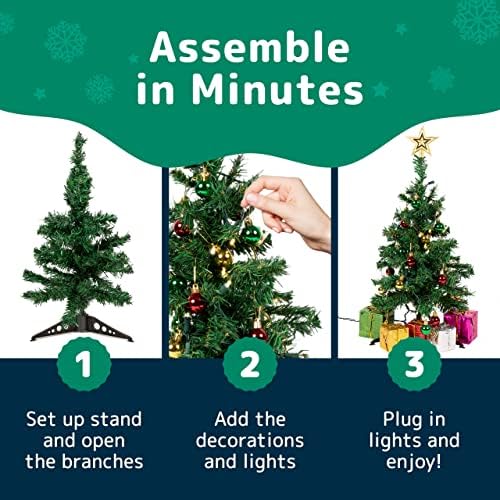 Prextex 23 инчи таблета мини новогодишна елка поставена со топли-бели LED светла, Star Treetopper, украсени кутии за подароци и висечки