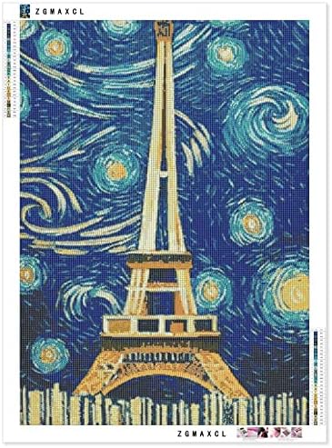 Zgmaxcl Дијамантски уметнички комплети за сликање DIY за возрасни и деца целосна вежба starвездено небо и ајфелова кула кристал голема големина