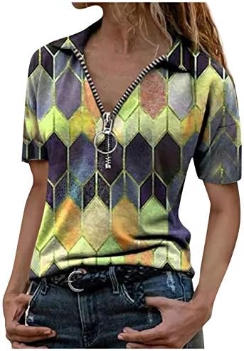Zefotim Women Women v Neck Tee кошули, женски модни геометриски копчиња за печатење со долги ракави обична блуза маица Хенли кошула