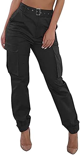 Аиху фармерки за жени трендовски жени со високи половини црни карго панталони со џебови гроздобер буги цврсти панталони за