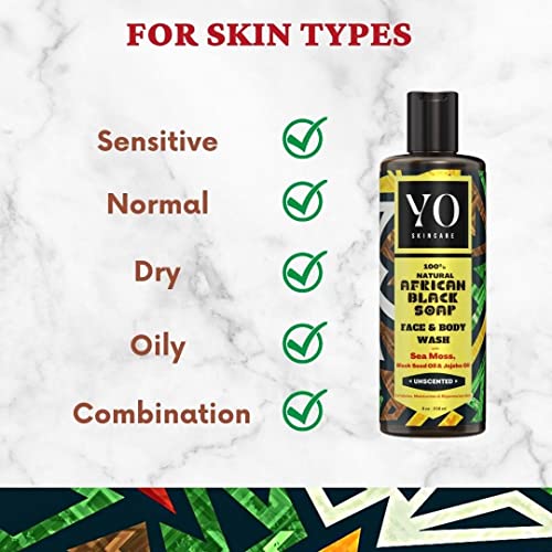 Yo Skincare Природен црн африкански сапун со морски мов, путер од шеа, црно семе и масло од јојоба-црно-еден црна течна сапун навлажнувачки