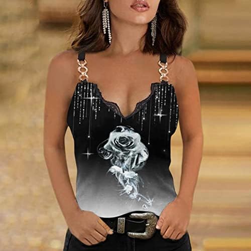 Секси резервоарот за женски чипка, летен без ракав v врат тренинг врвови тенок вклопат графички печати камизолни маички блузи