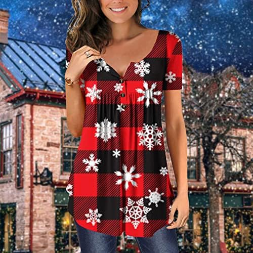 Божиќни врвови за жени карирани печати кратки ракави кошула обична проточна тунична блуза врвови Божиќна празничка блуза блуза