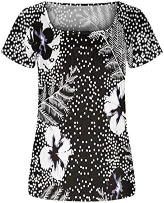 Hgnay 2023 летни маички за жени квадратни врат Кратки ракави Туника врвови цветни печатени лабави проточни основни кошули блуза