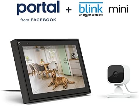 Портал на Фејсбук - Паметно видео повикување 10 ”екран на екран на допир со Alexa - црна со Blink Mini - Компактен приклучок за внатрешна безбедносна камера, 1080 HD видео, компа