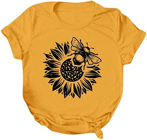 Womenените летни врвови од сончоглед графички маици со краток ракав, обични лабави пчели фестивал печатени толеви за пулвер