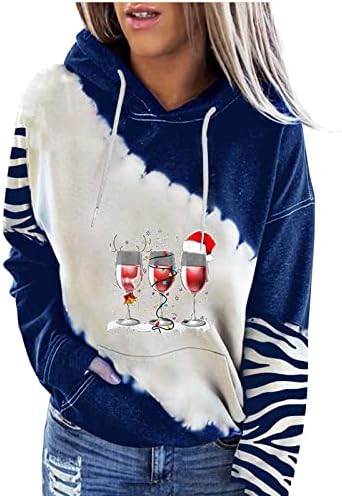 Женски Божиќна худи црвена вино стакло пулвер со долги ракави во боја блок за џемпери врвови со џебови со џебови