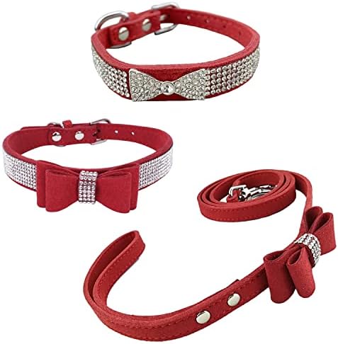 Tутенсина 3 парчиња дијаманте лак вратоврска јака од кучиња и јака за кученце со поводници за мали кучиња - црвена - м