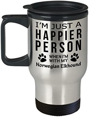 Куче Љубовник Патување Кафе Кригла-Посреќна Личност Со Норвешки Елхаунд-Миленичиња Сопственик Спасување Подароци