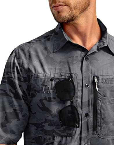 Машки риболов кошули со џебови од патент up 50+ лесни ладни копче за кратки ракави надолу кошули за мажи случајно пешачење