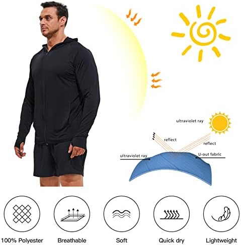 Biokey Men's Full Zip UPF 50+ Сонце за заштита од сонце со долги ракави кошули со џебови, лесни дуксери за мажи за риболов