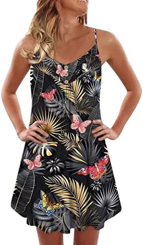 Lutmen'sенски летен мини фустан обичен V вратот без ракави шпагети лента фустан цветно печатење копче плажа сонце фустани