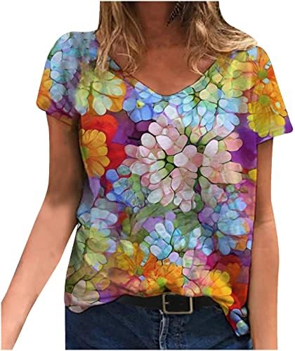 Врвен мета за жени есен летен краток ракав 2023 облека трендовски v врат памук графички бренд лабав вклопување маичка т.е.