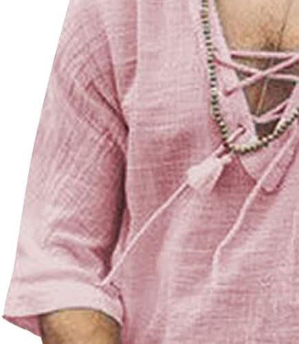 Машка модна обична памучна постелнина маица плажа хипи v-врат за влечење на обичен врски со чипка на врвови
