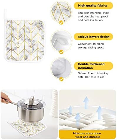 Yellowолти мермер Шеврон тенџере за кујна, шарена апстрактна уметност модерен елегантен неутрален држач за садови со јамка Trivet топлинска