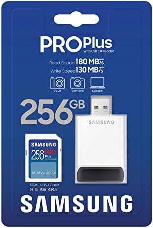 SAMSUNG PRO Плус Целосна Големина 256gb SDXC Мемориска Картичка + Читач, До 180 MB/s, Целосна HD &засилувач; 4K UHD, UHS-I,C10,