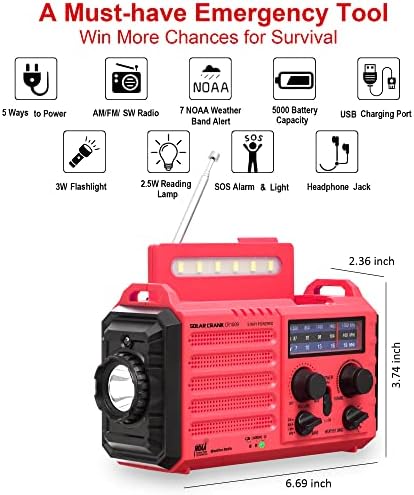 Итно соларно рачно рачно радио со 5 LED Flashlight Portable Power Bank за полнење на телефон SOS + NOAA, аларм за итни случаи, со телефонски полнач, приклучок за слушалки, LED фенерче