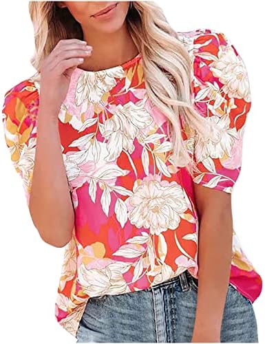 Блуза со ракави за цвеќиња на Lcepcy Floral Puff за жени обични летни екипаж маици лабави вклопни канцелариски врвови за носење со шорцеви