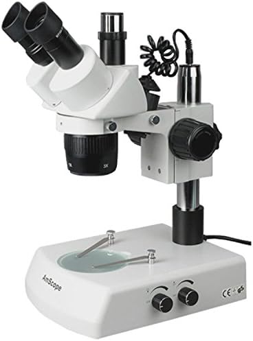 Amscope SW-2T24X Тринокуларен стерео микроскоп, WH10x очни очи, 10x/20x/40x зголемување, 2x/4x цел, горно и долен халогенско осветлување, столб