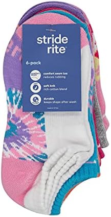 Stride Rite Girls 6 Pair пакет мека памучна мешавина без шоу-вратоврска боја патики чорапи со големина на лак за поддршка мал голем