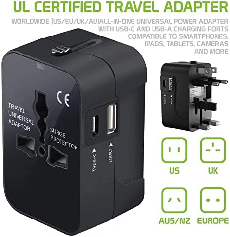 Travel USB Plus Меѓународен адаптер за напојување компатибилен со Lenovo Yoga Tab 3 Pro за светска моќ за 3 уреди USB Typec, USB-A за патување