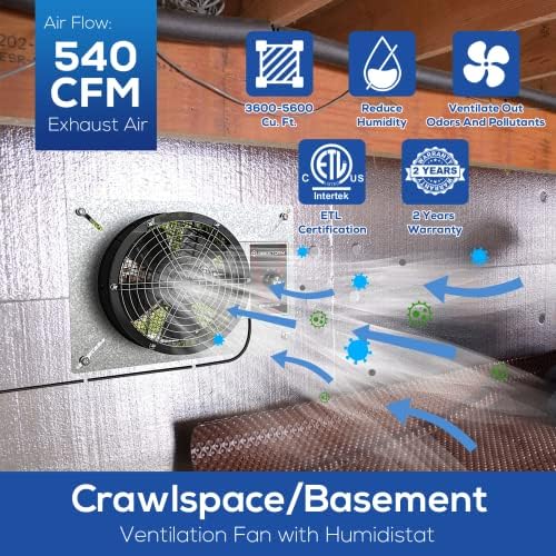 Abestorm 540CFM IP - 55 Отценети Crawlspace Вентилација Вентилатор Со Влажност & засилувач ;Термостат, 8.7 Инчен Вентилатори Подрумот