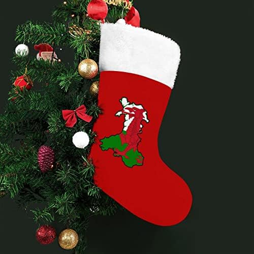 Велшки знаме мапа на Божиќни чорапи црвен кадифе со бела торба за бонбони Божиќни украси и додаток на семејна забава