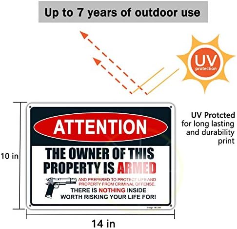 Предупредувачки знаци за пиштол за имот Сопственикот на овој имот е вооружен знак заштитен знак за безбедност, 10 x14 'рѓа без
