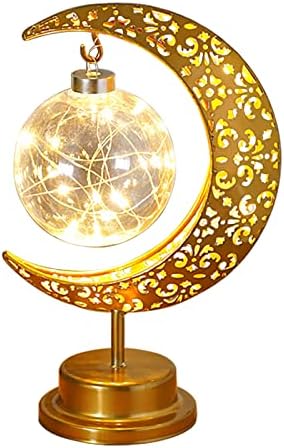 Libooi гроздобер месечина во форма на месечина, ламба за маса, метална рамка Рамазан, ламба, шуплив украс на месечината, за декор за десктоп во