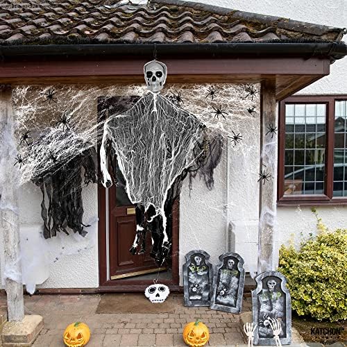 Застрашувачки висечки дух Ноќта на вештерките на отворено - виси дух со пајак веб, лажни пајаци | Духови украси на отворено за дома | Декорации