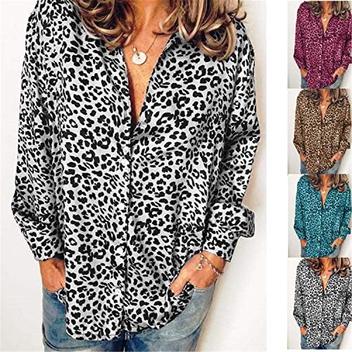 Andongnywell v Women v врат шифон блузи врвови со долги ракави леопард кошули блузи маици за дами