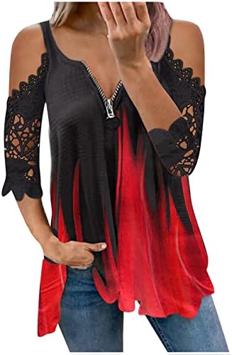 Женски ладно рамо 2023 лизгање со кратки ракави чипка памучна боја блок графичка лабава маичка за блузи врвот за дами