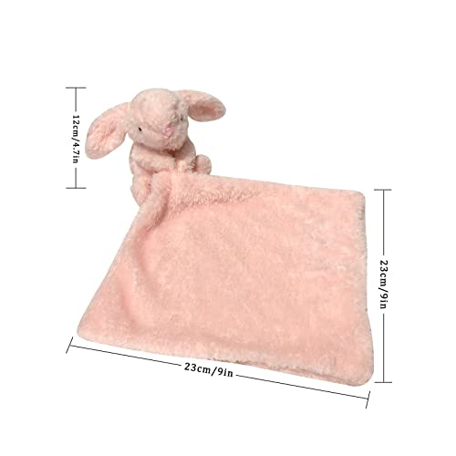 Lovey Pink Bunny Security Becket со полнети животни меко кадифен сензорно ќебе за новороденчиња, гушкано ќебе, смирувачки пешкир за асистенција за новородени бебиња - 9 x 9 инчи