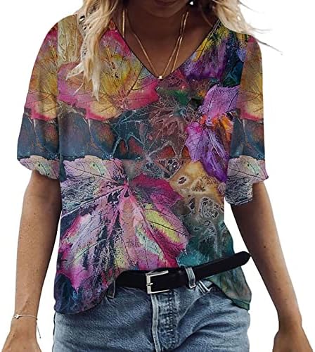Women'sенски V-врат со кратки ракави врвови летни кошули маички кошула со повеќе болни цвеќиња маичка маичка маичка драпени блузи