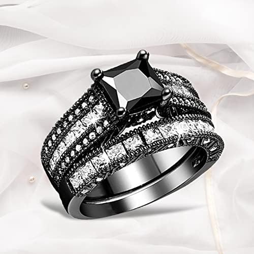 2023 Нови 2 во 1 женски гроздобер црн прстен дијамантски ангажман свадба бенд прстен