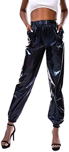 Siaeamrg жени сјајни метални високи половини затегнати панталони со џогер, со влажен изглед хип -хоп -клуб носат холографски