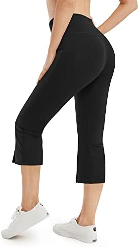 G4free женски капри панталони со џебови вкрстена половината подигање јога панталони затегнати хеланки на земјоделски култури за обичен тренинг
