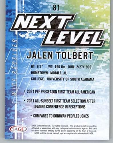 2022 Sage High Series Gold 81 Jalen Tolbert Следно ниво Јужна Алабама РЦ Дебитант за тргување со картички за фудбал