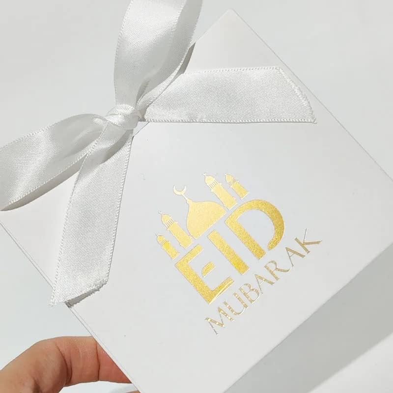 Премиум Еид Мубарак Торби За Подароци | Бели Кеси Со Дизајн На Златна Фолија Печатење-Вклучени Панделки | Традиционален Дизајн /ightsпски Ноќи | Еид/Рамазан/Подарок/Ус?