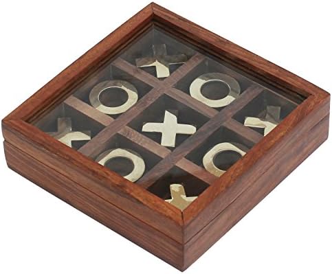 Tic Tac Toe - Tack Tack Tack Toe - Дрвена семејна табла игра Метални Noughts & Crosses кутија за складирање со стаклена капаче -Inique
