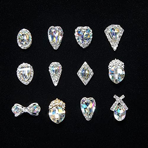 12 парчиња кутија нокти rhinestone ab кристална легура рамни задни нокти Камени камења стакло накит 3Д нокти украси DIY дизајн шарм -