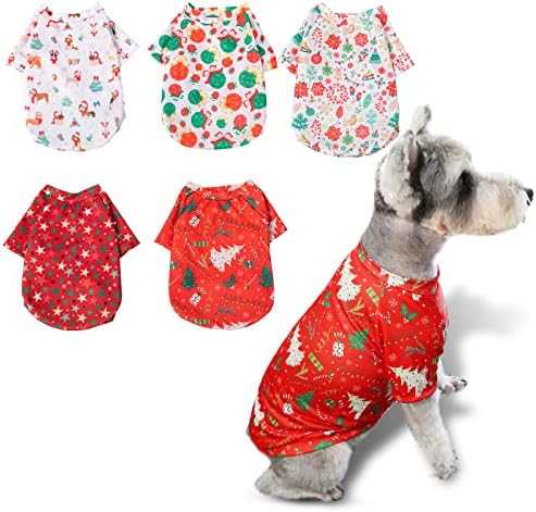 Кенчи 5 пакувања кошули за Божиќни кучиња облека, мека маичка за домашни миленици за кучиња костуми Божиќни елементи печати кратка облека