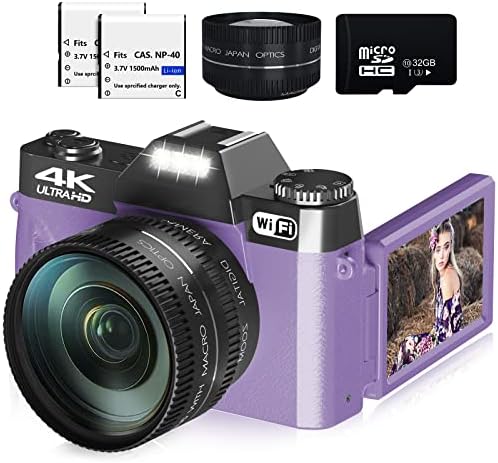 Дигитална камера за фотографија, фотоапарати 4K 48MP Vlogging за YouTube со WiFi, 3-инчен флип-екран од 180 степени, 16x дигитален
