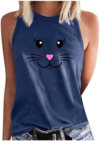 Women'sенски резервоар, среќна велигденска кошули, симпатична мачка печатена елек пуловер лабава обична маица без ракави блуза со вратот