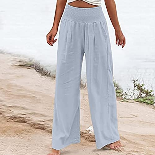 Женски обични јога панталони цврста боја директно широки панталони со нозе памучни постелнини високи половини летни истегнувања