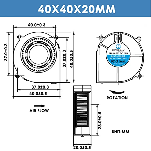 Winsinn 40мм вентилатор за вентилатор 12V, 3Д печатач микро 12 волти вентилатори 4020 лежиште со двојна топка, 40ммкс20м 2pin