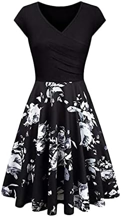 Women'sенски 2023 Цветен летен фустан за летен фустан V вратот плус големина замав фустан цветен принт високо половината замав А-линија