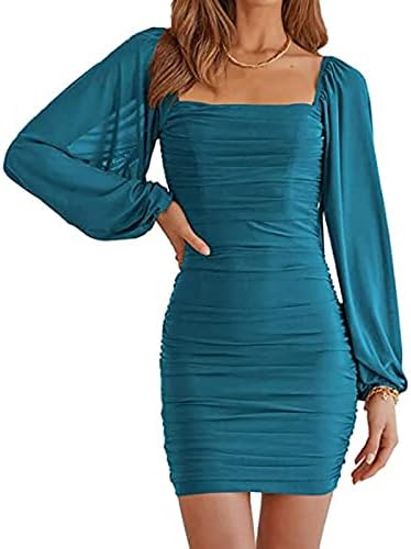 Icodod фустан женски 2023 летен квадратен јака со долг ракав фустан Висока еластична тенок случајна средна фустани за жени