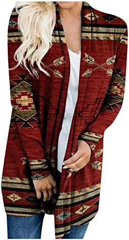 Womenените Бохо Кардиган Ацтек Отворен предниот дел лабава слаби џемпери племенски долги ракави плетени божиќни јакна палто